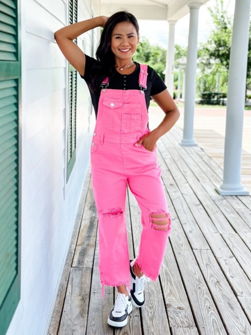 Risen Barbie Girl High Rise Hot Pink Distressed Straight Cropped Overalls XL